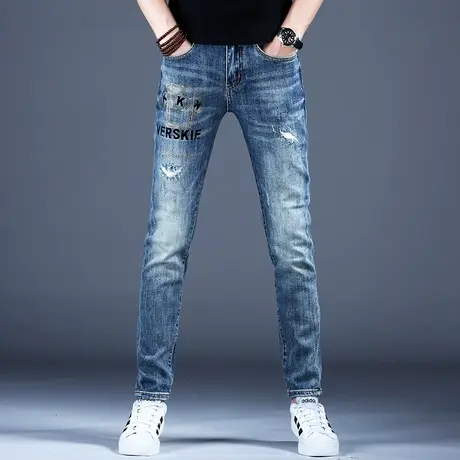 男士高端烫钻印花牛仔裤男款修身小脚裤子2023秋冬弹力百搭休闲裤商品大图