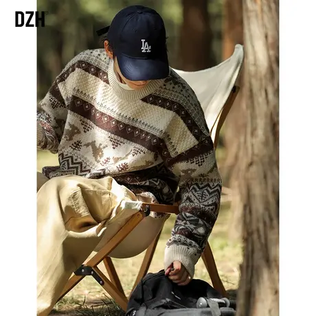 男士慵懒风提花毛衣男秋冬圆领上衣男装冬季新款高级感针织衫线衣商品大图