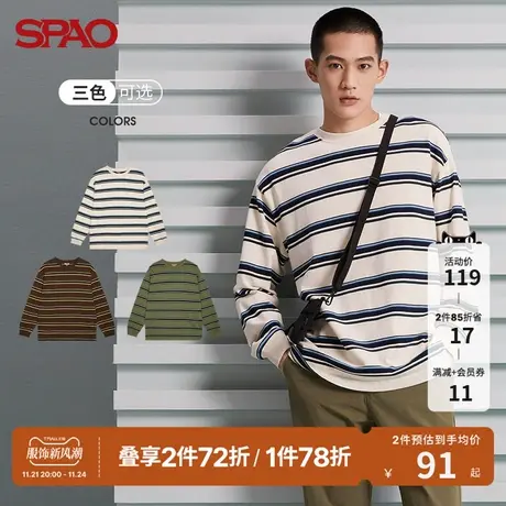 SPAO男士T恤春季休闲宽松长袖日常款时尚条纹撞色圆领开叉T恤图片