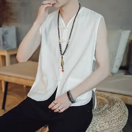 夏季中国风盘扣上衣复古潮中式马褂男汗衫老北京背心无袖坎肩马甲图片