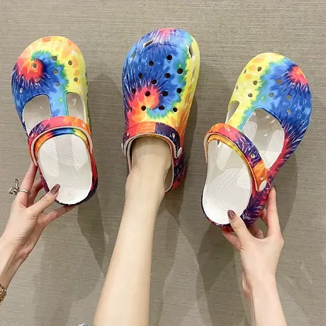 洞洞鞋女夏季ins潮外穿时尚彩绘踩屎感厚底防滑沙滩鞋包头凉拖鞋商品大图
