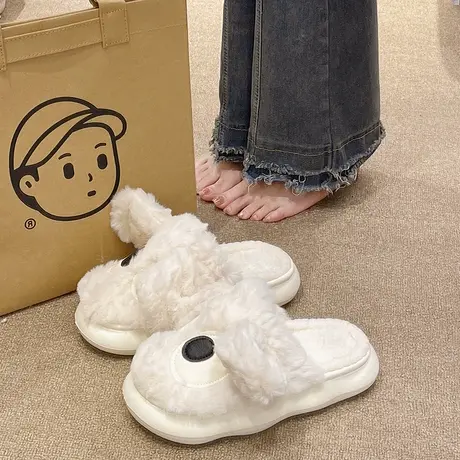 卡通棉拖鞋女秋冬季厚底外穿可爱大眼睛毛绒保暖家居厚底防滑拖鞋商品大图
