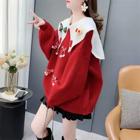 奶系甜美温柔风圣诞红色娃娃领毛衣女秋冬2023年新款韩版洋气上衣商品大图