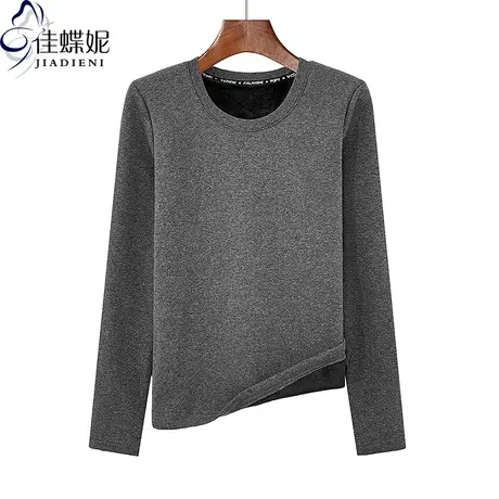 秋冬新款韩版圆领修身显瘦纯色加绒加厚保暖长袖体恤上衣女打底衫商品大图