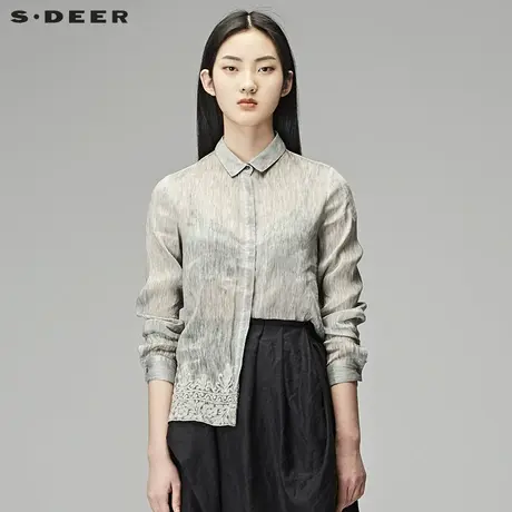 sdeer圣迪奥2018秋装复古文艺绣花长袖亚麻桑蚕丝衬衫女S18180512图片