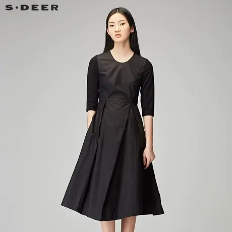 sdeer圣迪奥女装春装套头圆领时尚拼接长款A版连衣裙S18181226图片