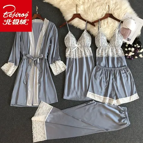 春秋睡衣女夏性感冰丝绸蕾丝吊带睡裙带胸垫薄款睡袍家居服五件套商品大图