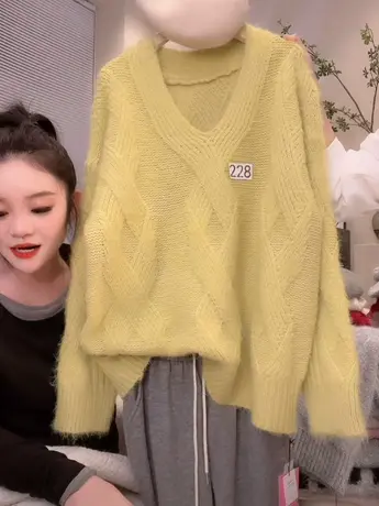 慵懒复古V领毛衣女韩版宽松长袖纯色软糯套头百搭打底针织衫上衣商品大图