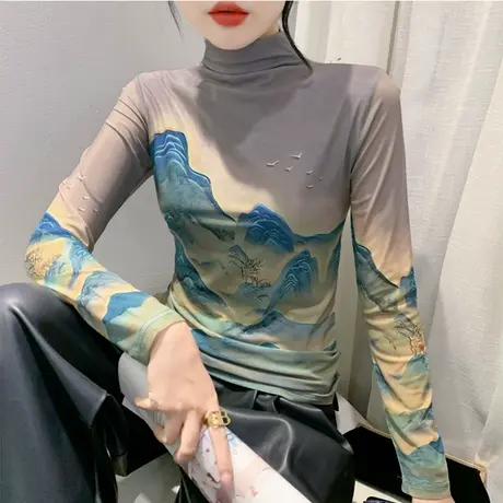 半高领打底衫女长袖网纱印花时尚气质减龄上衣内塔修身百塔T恤潮商品大图