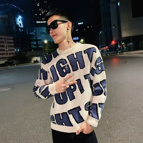 冬季男士圆领针织衫青少年加厚字母潮牌百搭保暖潮流ins线衣体恤商品大图