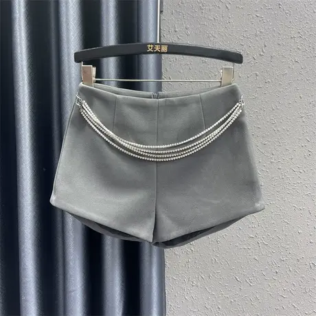 韩版毛呢休闲裤24春季新款小个子设计感高腰显瘦百搭a字阔腿短裤图片