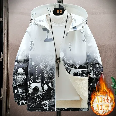 渐变连帽外套男士秋冬季加绒加厚夹克男国潮印花青少年工装派克服商品大图