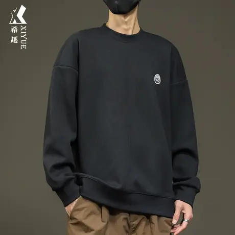希越春秋黑色卫衣男2024新款宽松大码男士圆领加绒上衣圆领套头衫图片