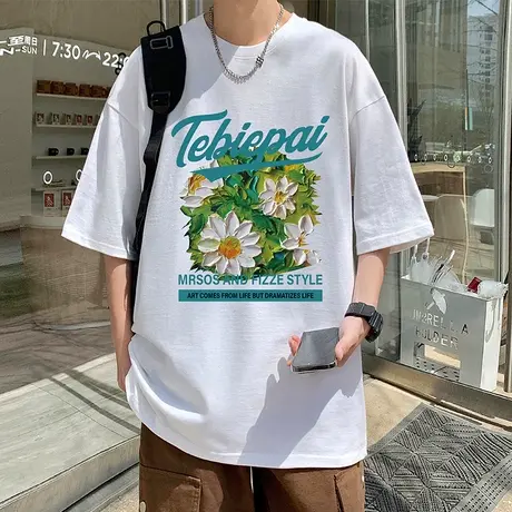 纯棉印花短袖T恤男夏季高级感宽松半袖重磅美式vintage潮牌体恤衫商品大图