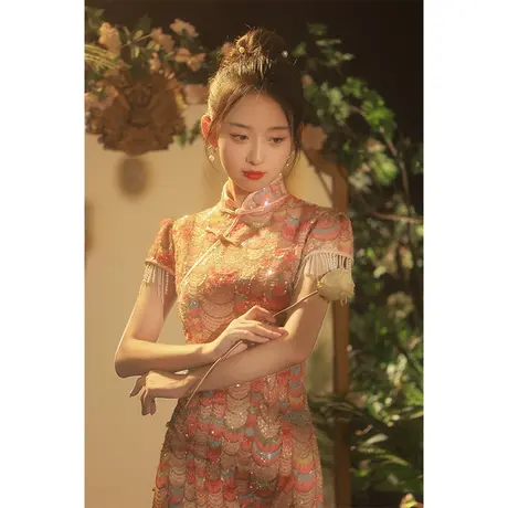 改良旗袍敬酒服新娘高级感女夏季小个子遮手臂中式订婚礼服连衣裙图片