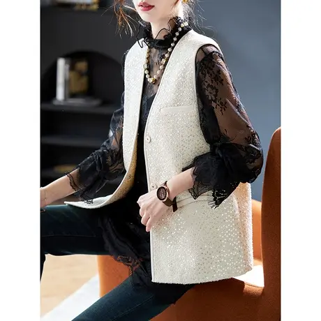 宝诗黎V领一粒扣马夹外套2024春季新款气质高级感亮片休闲上衣女图片