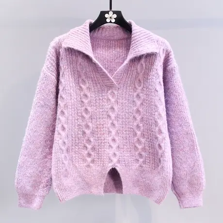 高级感麻花polo毛衣女冬季2024新款宽松小个子开叉设计感针织上衣商品大图