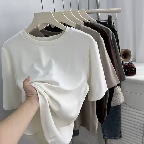 简约气质秋季加厚内搭短袖t恤女 软绵绵温柔奶白色半袖打底衫上衣商品大图