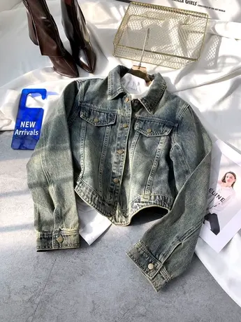 美式复古单排扣牛仔外套2024春季新款显瘦百搭高腰修身机车夹克潮图片