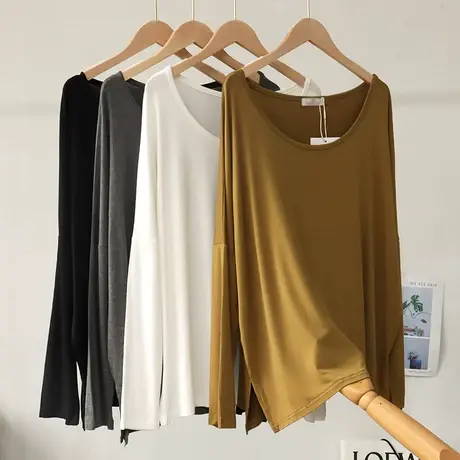 莫代尔一字领上衣女早春季开叉宽松大码慵懒风显瘦露肩大圆领T恤图片