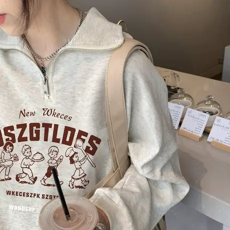 polo翻领卫衣女春秋薄款学院风美式复古潮牌慵懒风宽松长袖上衣服商品大图