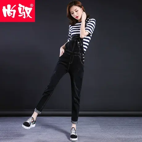 尚驭2023春季新款牛仔背带裤女宽松弹力黑色显瘦学生吊带垮裤长裤图片