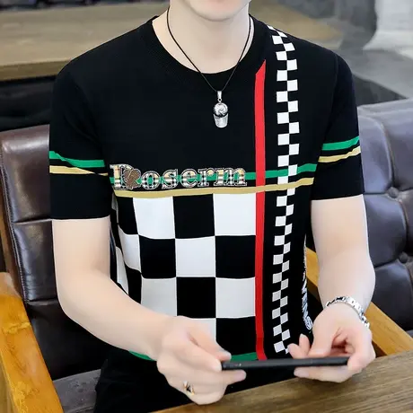 潮牌欧货冰丝格子男士短袖t恤夏季高端半袖薄款体恤衫男装上衣服T图片