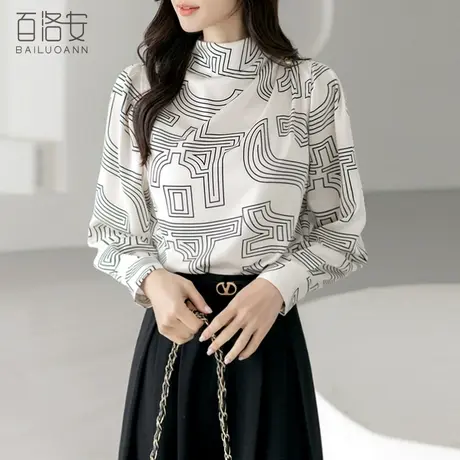 百洛安时尚立领几何印花衬衣女上衣春季新款气质通勤百搭长袖衬衫商品大图