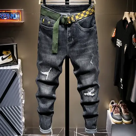 2021新款夏季薄款黑色破洞牛仔裤男直筒宽松百搭休闲男士韩版潮流商品大图