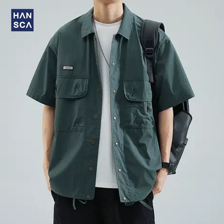 hansca休闲冰丝短袖衬衫男夏季薄款美式复古潮流百搭工装衬衣外套商品大图