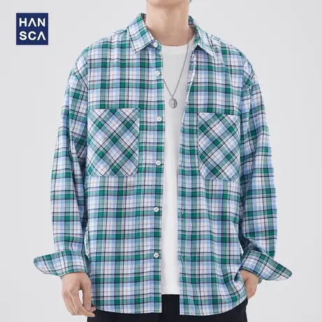 hansca春季格子男士衬衫长袖新款休闲痞帅宽松设计感翻领衬衣外套商品大图