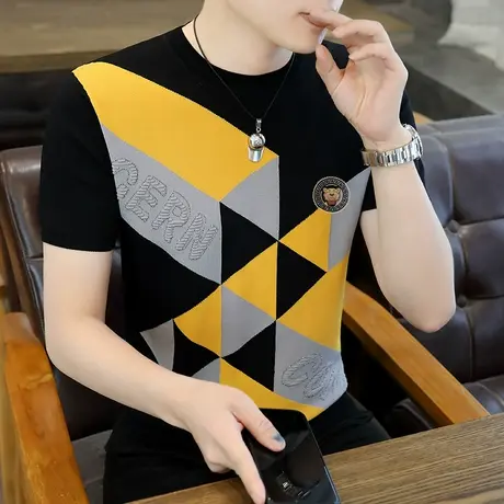 2023夏季新款男士冰麻针织短袖T恤衫个性休闲男装上衣服半袖体恤商品大图