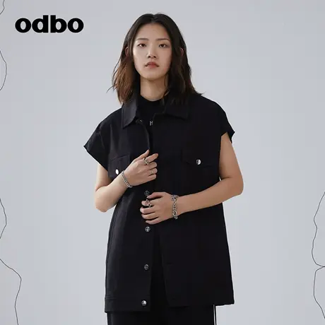 odbo/欧迪比欧时尚工装风牛仔短外套女春季新款百搭宽松黑色外套商品大图