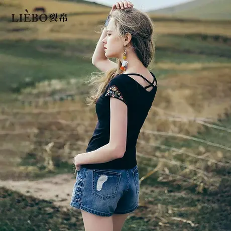 【预】裂帛原创设计V领黑色短袖T恤女简约修身复古民族刺绣上衣潮商品大图