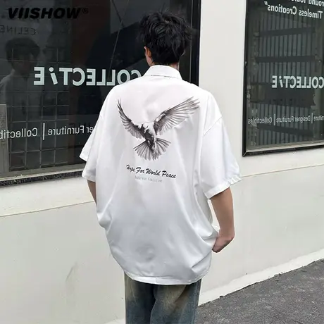 VIISHOW高街鸽子印花衬衫2024夏季新款美式宽松短袖衬衫盐系衬衣商品大图