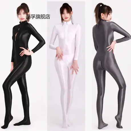 双拉链开档连体衣高弹油亮光泽紧身衣丝滑性感欧美7064商品大图