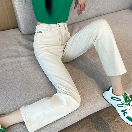 米白色九分牛仔裤女春夏2024年新款高腰直筒显瘦百搭小个子烟管裤商品大图