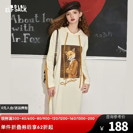 妖精的口袋撞色连帽卫衣连衣裙女2024春秋新款宽松印花休闲中长裙图片
