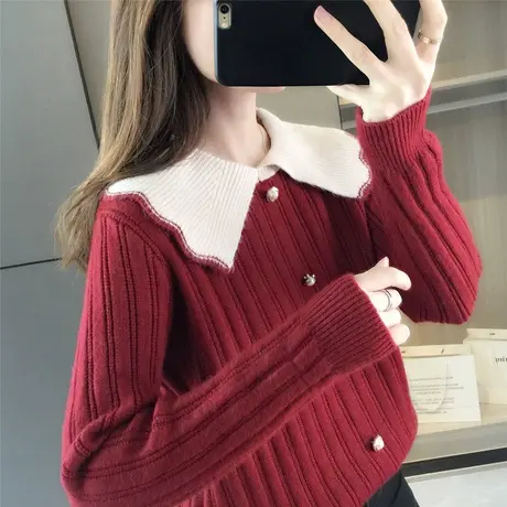 秋季新款百搭外穿娃娃领毛衣女装韩版宽松套头日系针织衫上衣商品大图