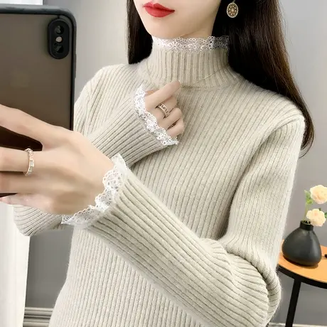 2023年秋冬新款蕾丝半高领软糯毛衣女百搭打底长袖针织衫套头上衣商品大图