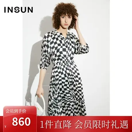 恩裳COVER2023夏款新款黑白棋盘格纹印花立体压褶垂顺抗皱连衣裙图片