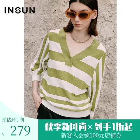 恩裳COVER2023年夏季新款简约撞色条纹轻奢珠片蝙蝠灯笼袖针织衫商品大图