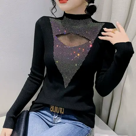网纱拼接针织衫女秋冬2023新款性感镂空毛衣套头内搭半高领打底衫图片