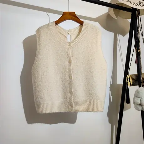 温柔风针织马甲开衫女春秋新款韩版纯色百搭无袖坎肩毛衣背心外套商品大图