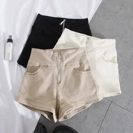 中间拉链弹力高腰短裤女2022春夏新款显瘦包臀气质百搭牛仔靴裤潮商品大图