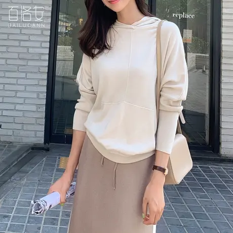 百洛安长袖针织衫女套头秋装新款韩版减龄连帽卫衣宽松百搭上衣潮商品大图