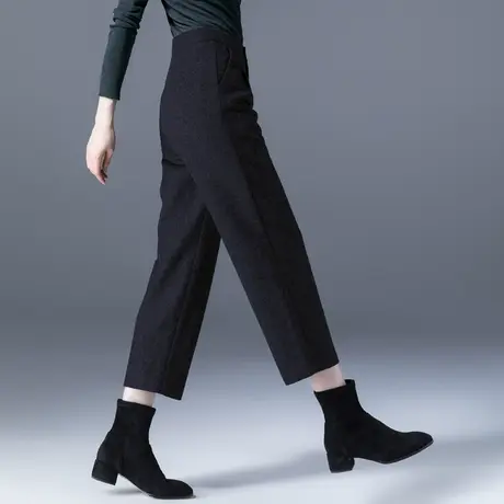 黑色七分毛呢裤女秋冬2023新款小个子八分直筒裤九分羊毛烟管裤子商品大图