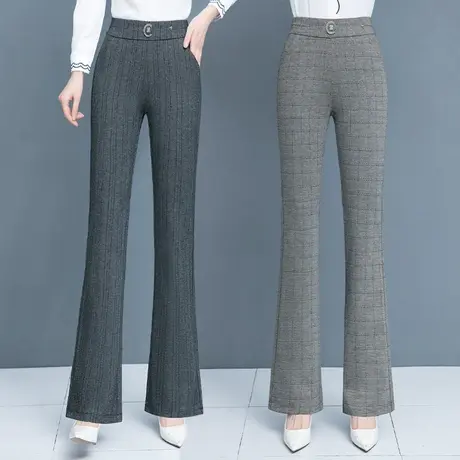 高腰复古喇叭裤女春夏新款2023年时尚条纹裤子宽松直筒格子喇叭裤图片