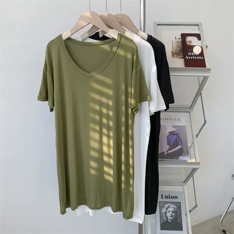 木代尔纯色V领宽松连衣裙女中长款显瘦莫代尔t恤裙上衣夏季打底衫商品大图