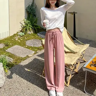 2023新款冰丝阔腿裤女春夏高腰垂感宽松拖地休闲云朵裤子2023图片